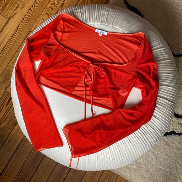 Mirror Palais Scarlet Red Sheer Cover Blouse Crop Top Cardigan - Picture 2 of 6